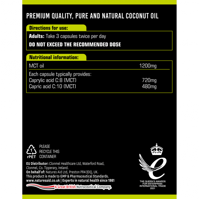 Triglyceridy stredného reťazca z kokosového oleja (100% MCT olej) 1200 mg 120 kapsúl Naturesaid