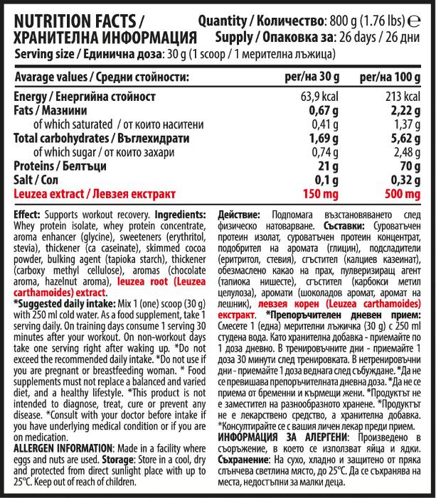 100% srvátka Proteín Izolát matrice s Levzea | Čokoláda a lieskové orechy - 800 gramov