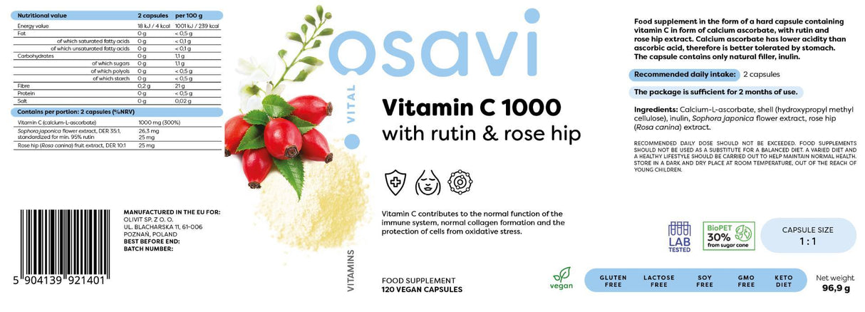 Vitamín C 1000 | s Rutin a Rose Bips - 180 kapsúl