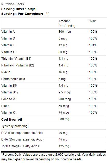 Olej z tresčej pečene 500 mg | S viacerými vitamínmi - 180 gélových kapsúl