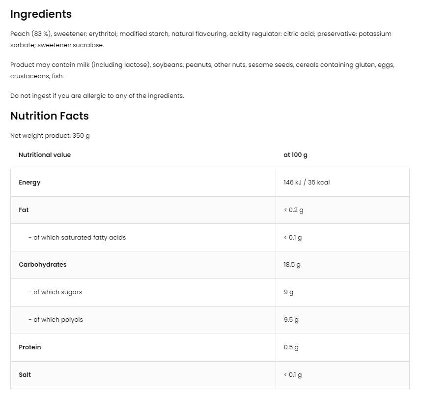 Broskyňa 83% želé. Žiadny pridaný cukor 350 ml