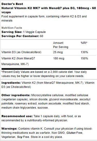 Najlepší prírodný vitamín K2 Mk-7 180 McG | Plus D -3 - 60 kapsúl