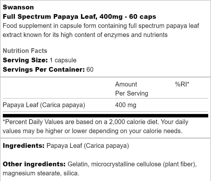 Celé spektrum papaya list 400 mg 60 kapsúl