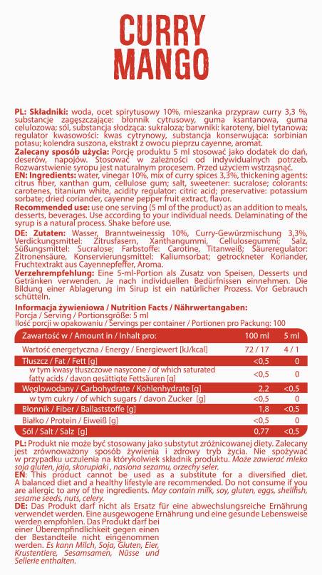 Nulová kalória omáčka Curry Mango - 500 ml