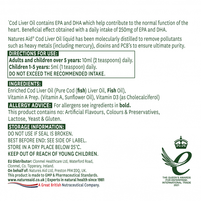 Масло от черен дроб на треска (Cod Liver Oil Liquid) 500мл NaturesAid - Feel You