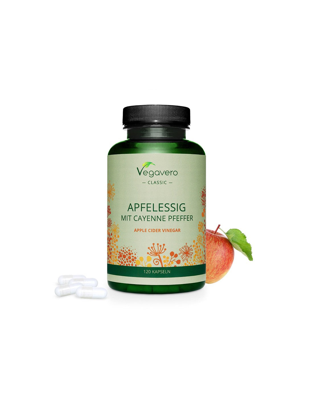 Apfelssig mit Cayenne Pfeffer - Jablčný ocot + pálivá paprika, 120 <tc>Vegavero</tc> kapsuly