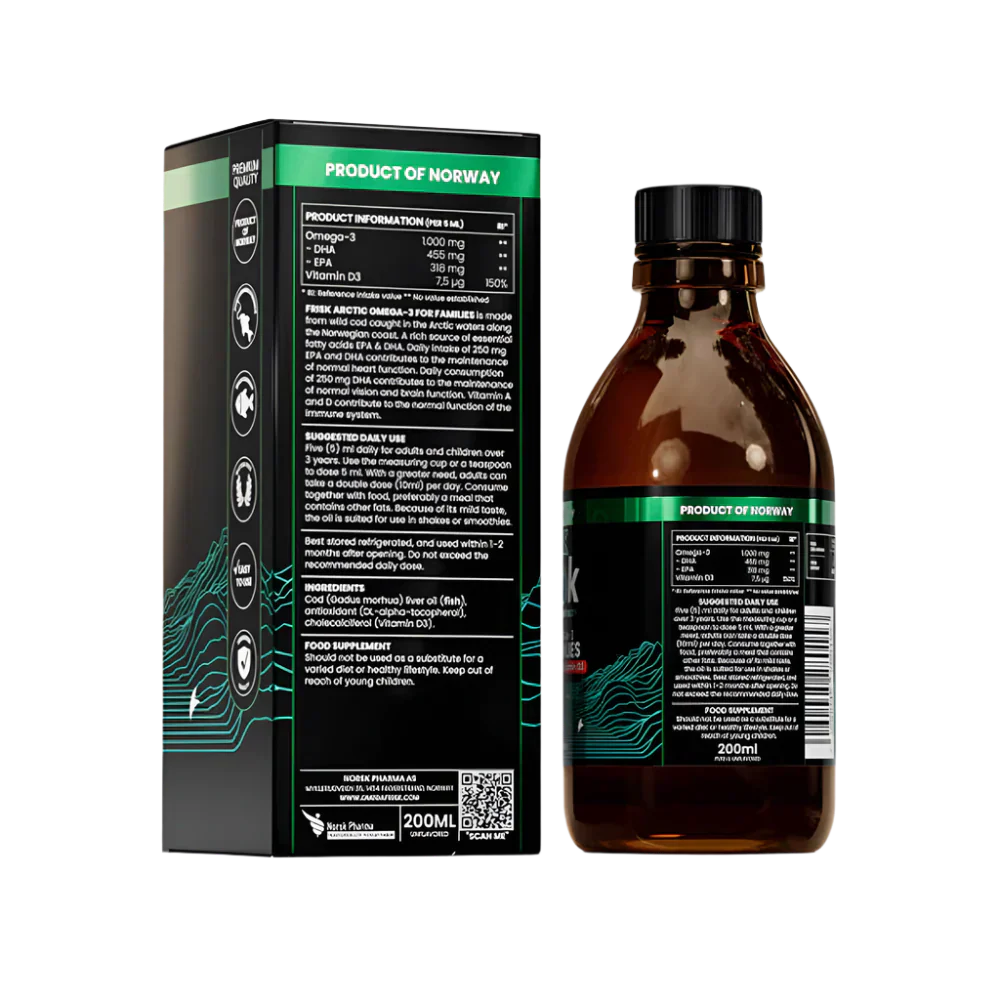 Arktická kvapalina-tekutina Omega-3-prírodná chuť / 100% divoká treska z Nórska-200 ml