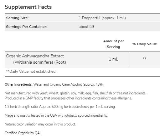 Ashwagandha extrakt kvapalina Certifikovaný organický - 59 ml
