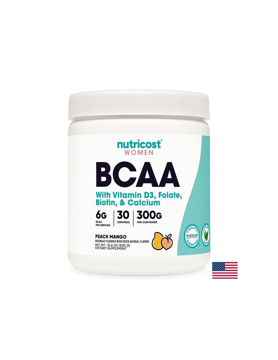 Aminokyseliny rozvetveného reťazca BCAA + Vitamín D3, kyselina listová, biotín, vápnik (pre ženy), 300 g prášku s mangovou príchuťou