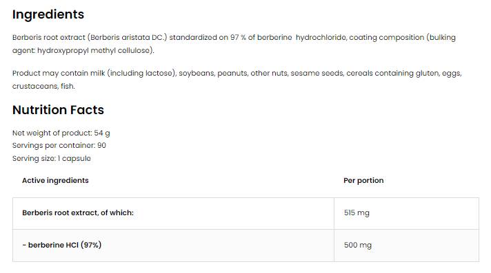 Berberine HCl 500 mg | 97% berberis koreňový extrakt 90 kapsúl