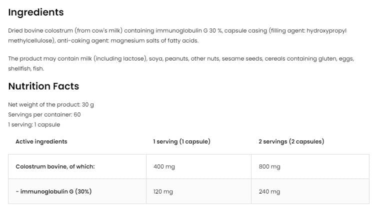 Hovädzie mäso Colostrum 400 mg | 30% kapsuly imunoglobulínu G 60