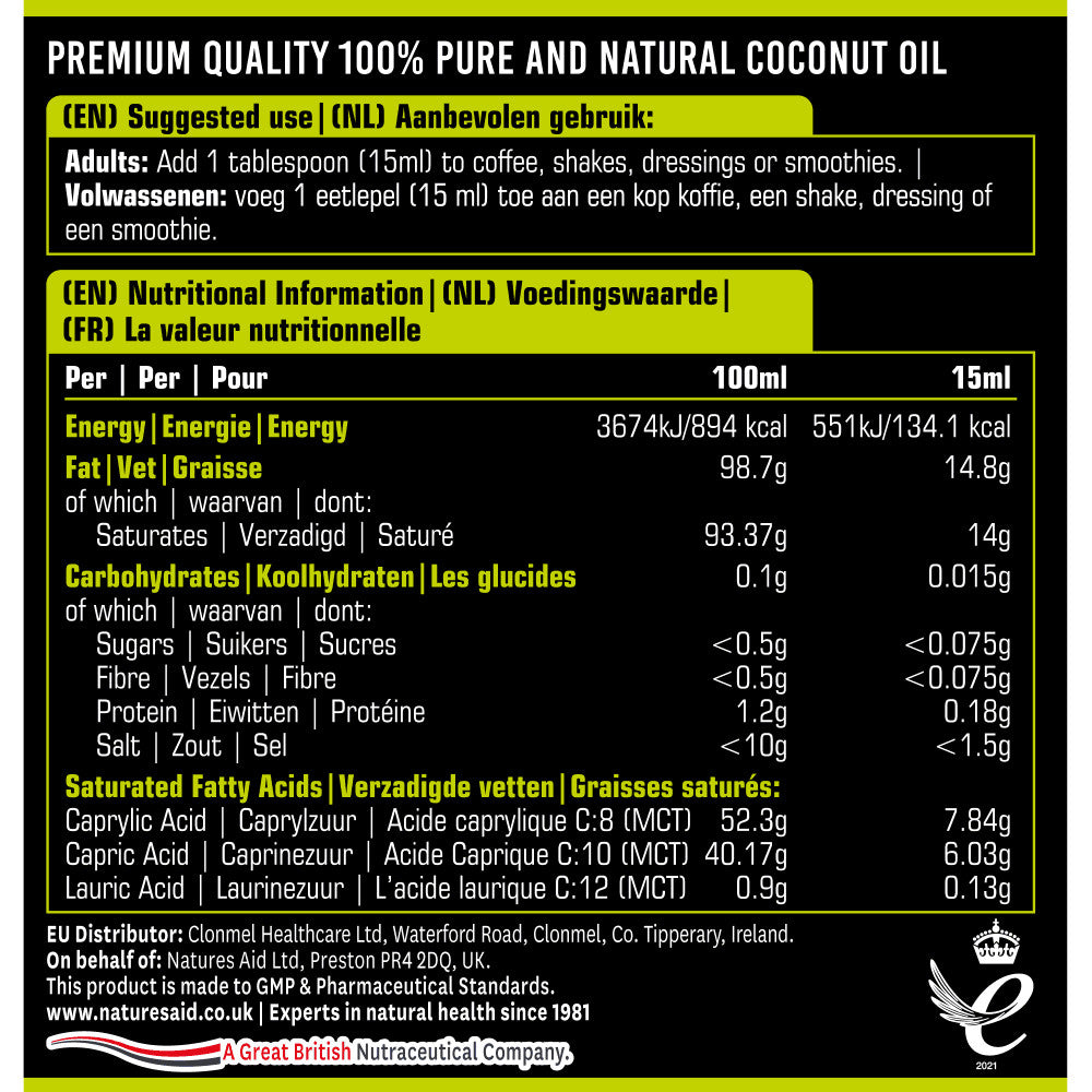 Triglyceridy stredného reťazca z kokosového oleja (100% MCT olej) 500 ml NaturesaID