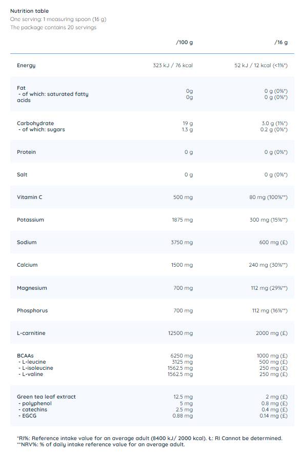 Prášok elektrolytu S BCAA, L -karnitín a zeleným čajom - 320 gramov