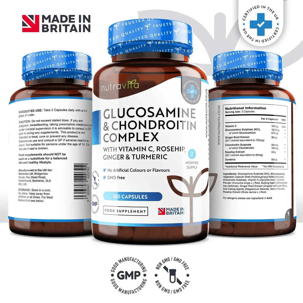 Glukosamín chondroitín /180 kapsúl, 90 dní/ s kurkumou, zázvorom a vitamínom C <tc>Nutravita</tc>