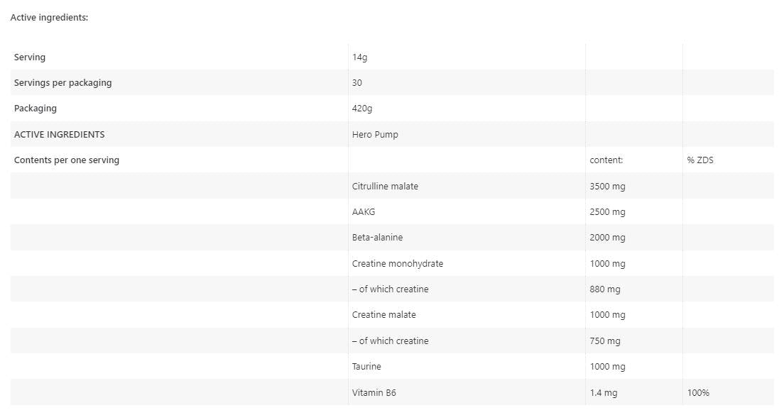 Hero Pump | Receptúra bez predchádzajúceho tréningu-420 gramov