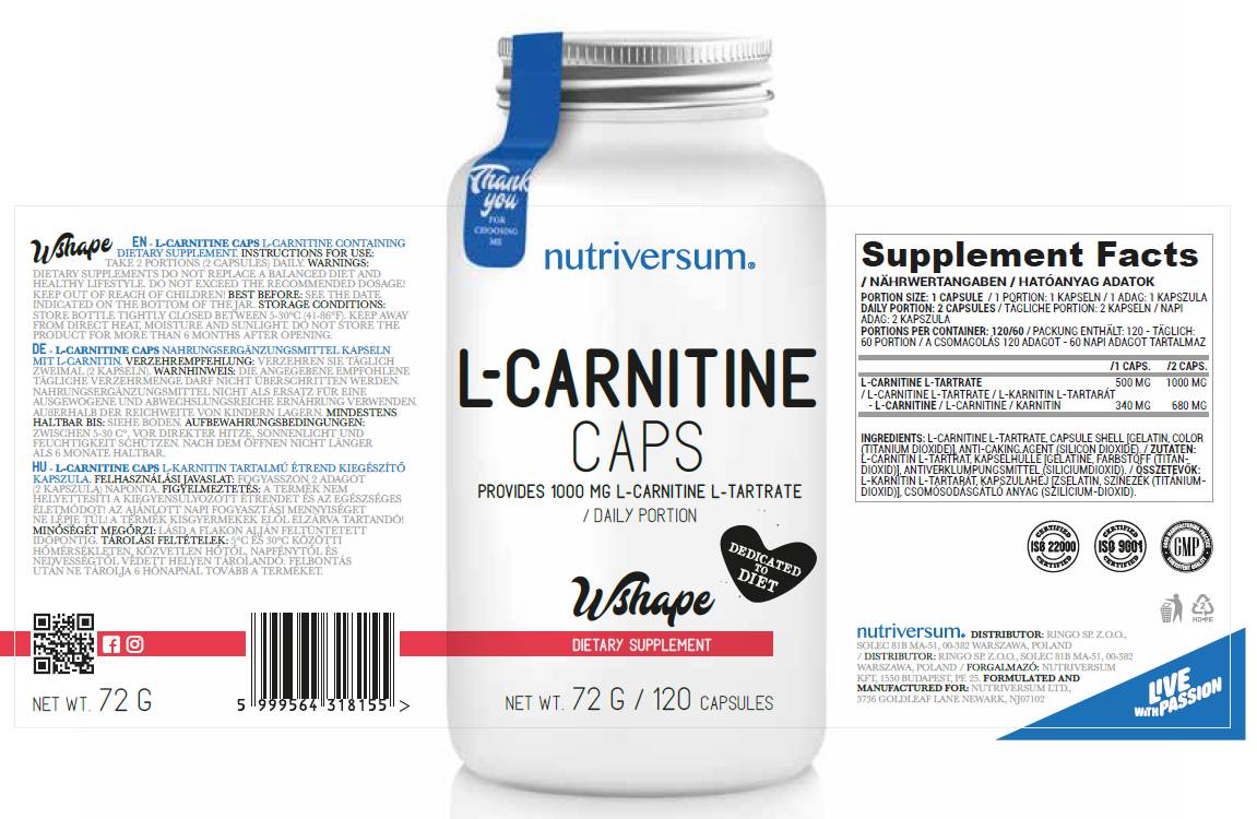 L-karnitínové čiapky 500 mg 120 kapsúl