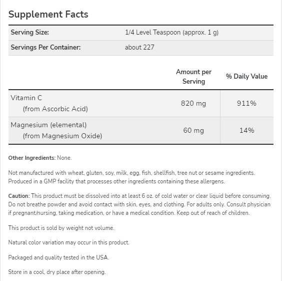 Prášok askorbátu horčíka Čistý, pufrovaný vitamín C - 227 gramov