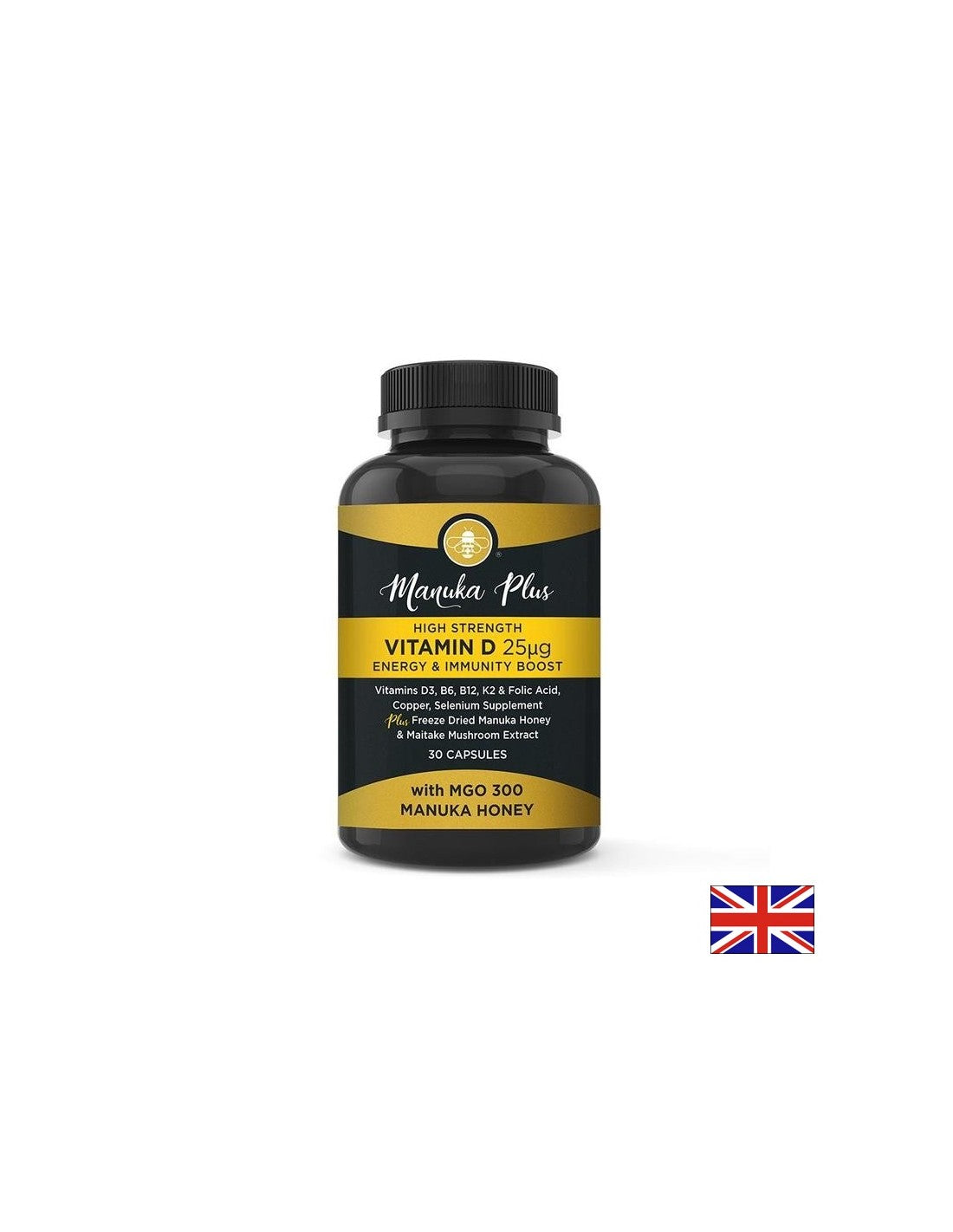 Manuka plus vysokorýchlostné vitamín D3 25 µg Energia a imunitná podpora / receptúra pre silnú imunitu s manuským medom, 30 kapsúl