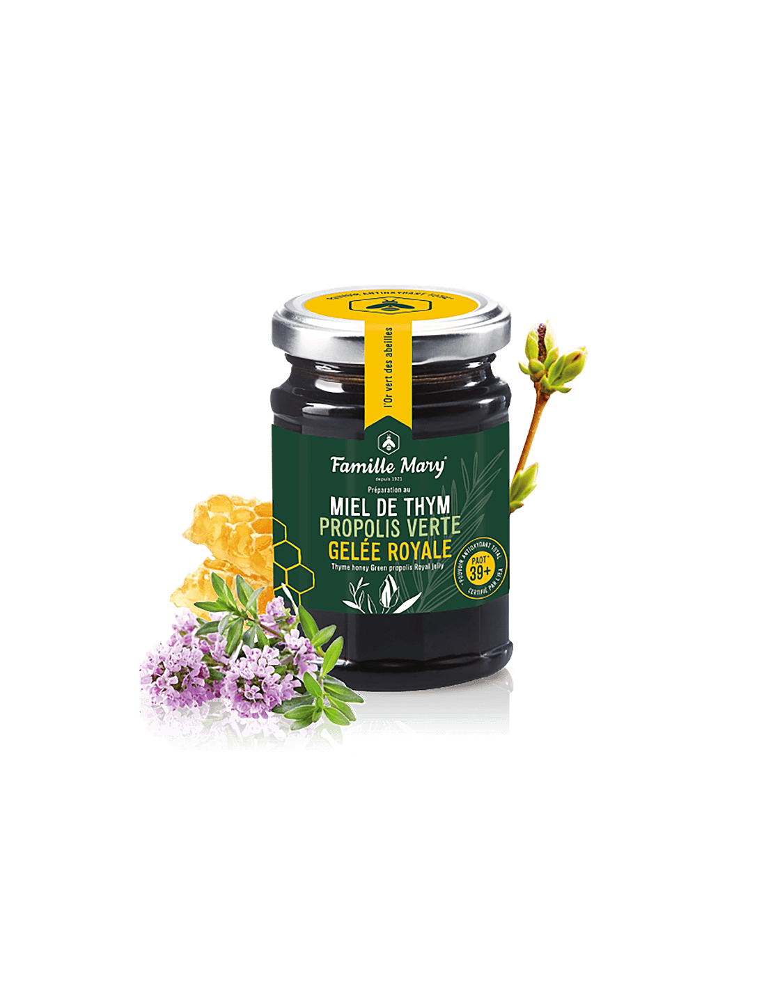Miel de tym, propolis verte, gelee royal /med z tymiánu, zelený propolis a kráľovská želé, 200 g Famille Mary