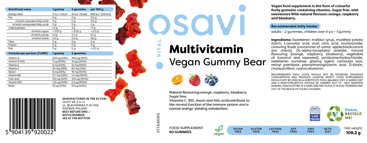 Multivitamínové vegánske gumové medveď | Oranžová, malina, čučoriedka - 60 gumových cukroviniek