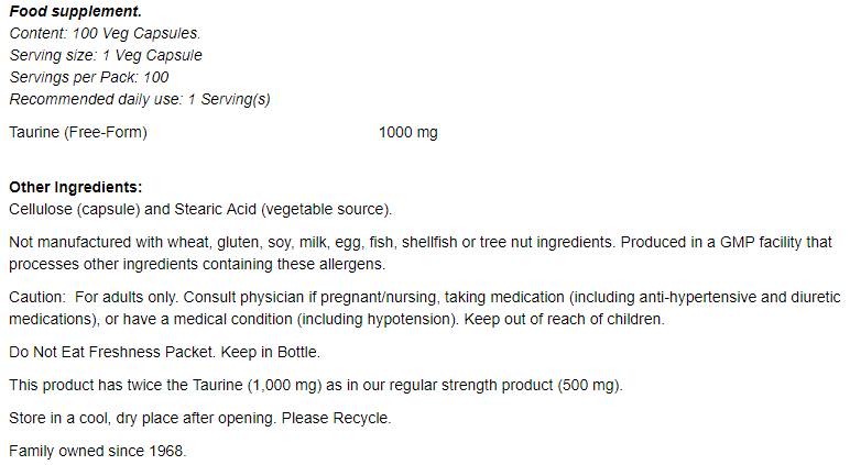 Taurín 1000 mg / dvojitá pevnosť - 250 kapsúl