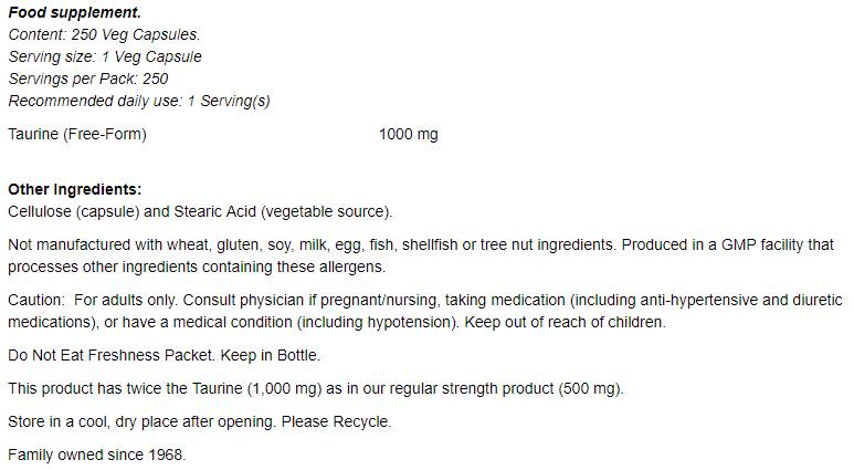 Taurín 1000 mg / dvojitá pevnosť - 250 kapsúl