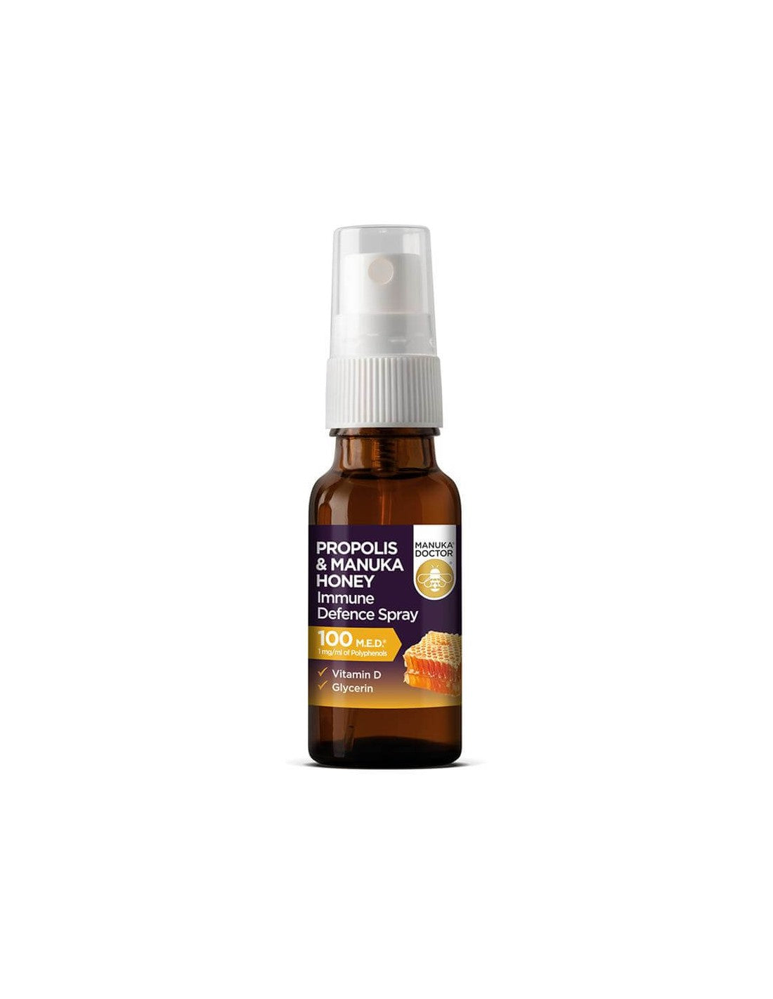 Propolis & Manuka Honey imunity Defense Spray 100 M.E.D.® / ústa sprej s manuka medom, propolisom a vitamínom D, 20 ml