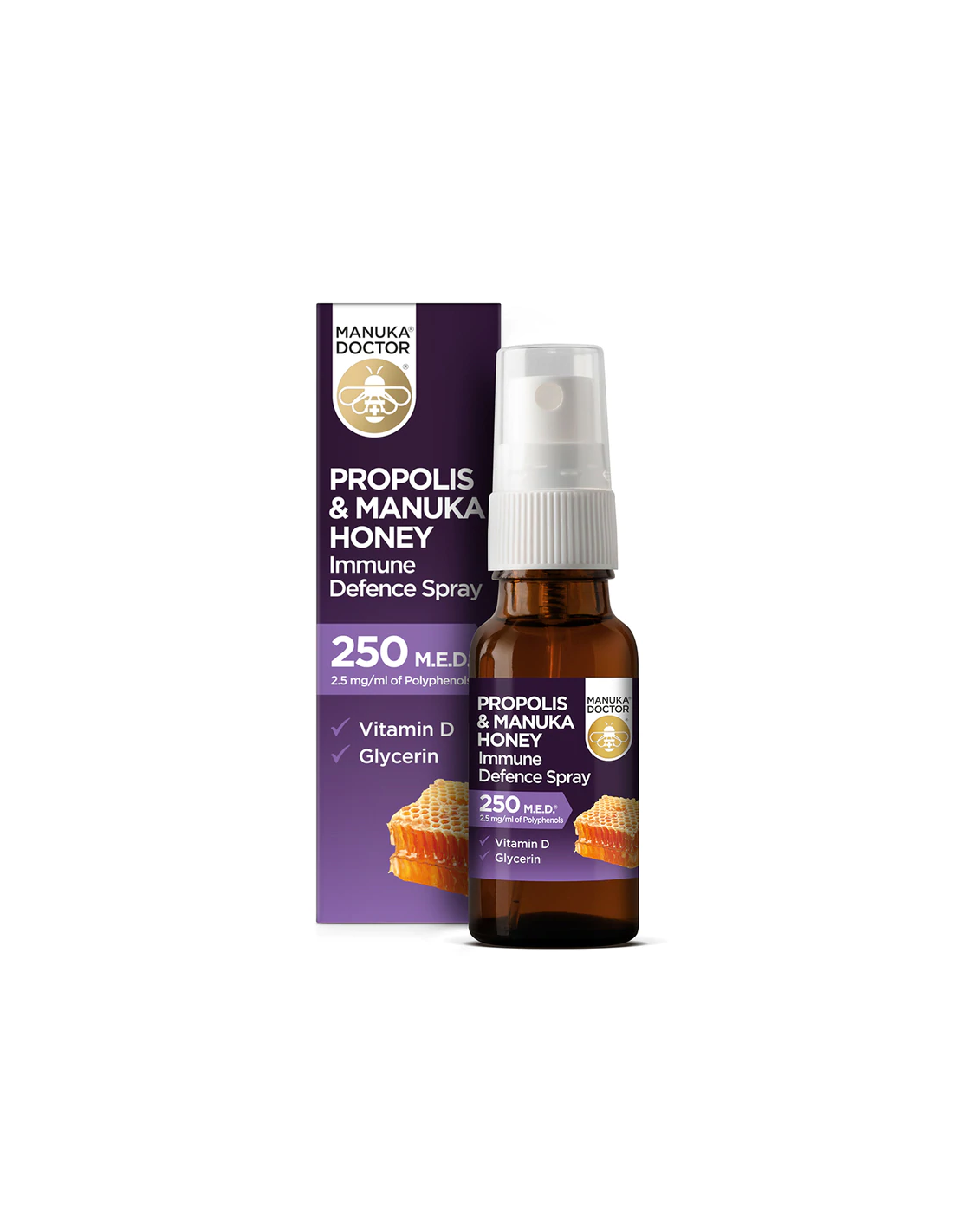 Propolis & Manuka Honey Imunity Defense Spray 250 Med/ krk s propolisom (250 Med), Manuka Honey a vitamín D3, 20 ml