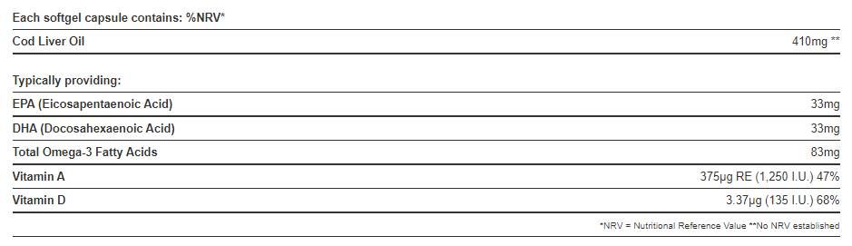 Čistý olej z tresčej pečene 410 mg / s vitamínom A&D - 60 GEL CAPSULE