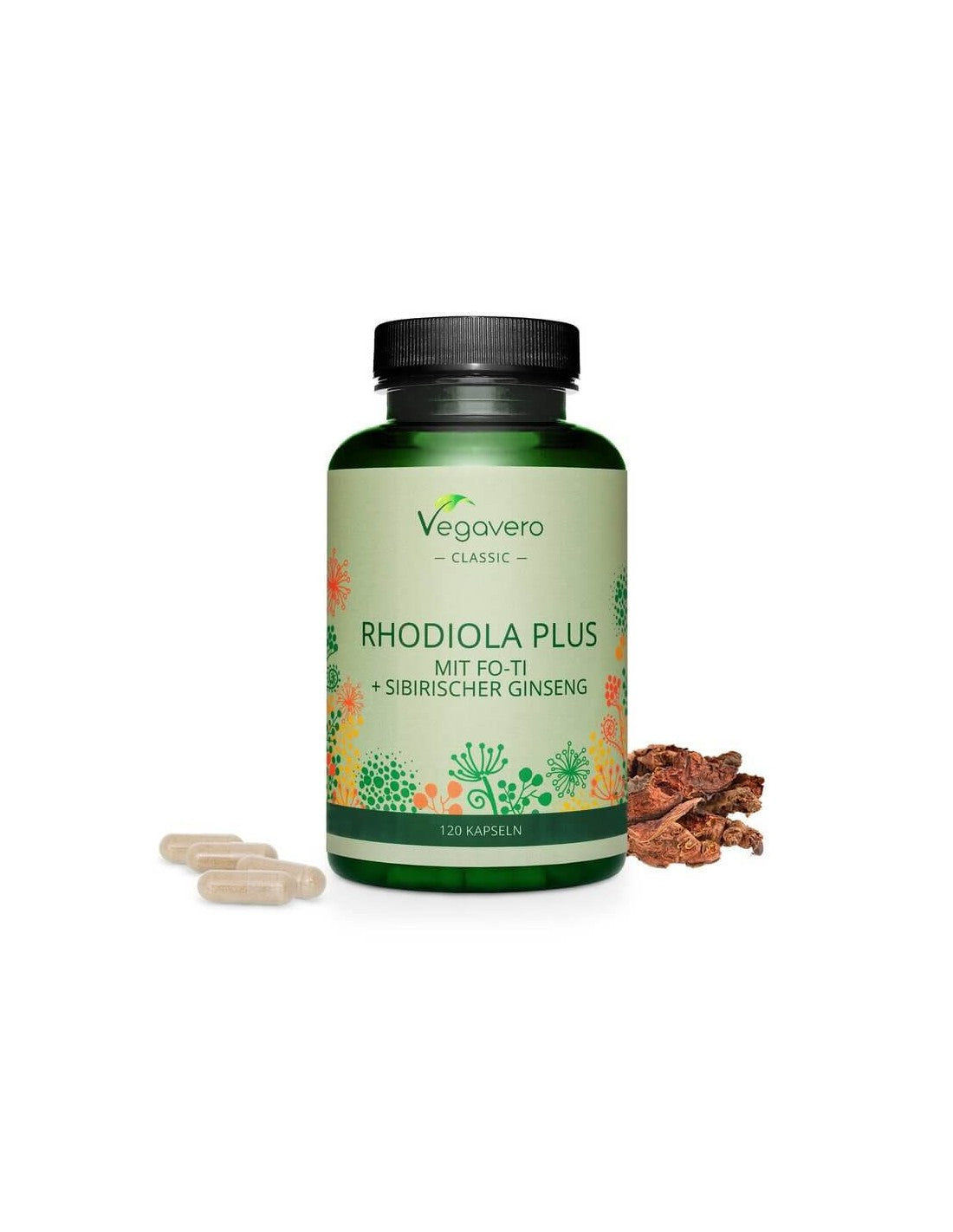 Rhodiola plus mit fo-ti + sibirischer ženšen/ zlatý koreň + fo-ti a sibírsky ženšen, 120 kapsúl, 100% vegánsky