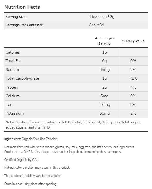 Spirulina prášok Certifikované organické - 113 gramov