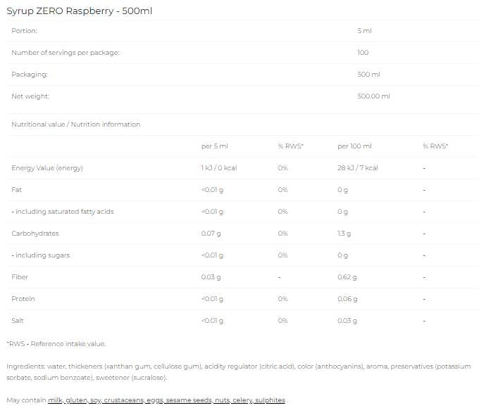 Sirup nula - malina - 500 ml