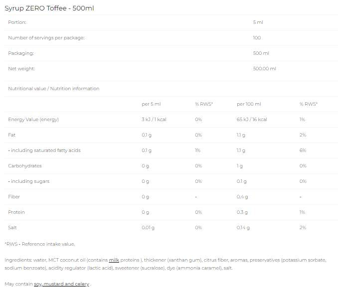 Sirup nula - Toffee - 500 ml