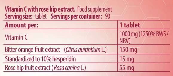 Vitamín C 1000 / s ružovými bokmi a horká oranžová - 90 tabliet
