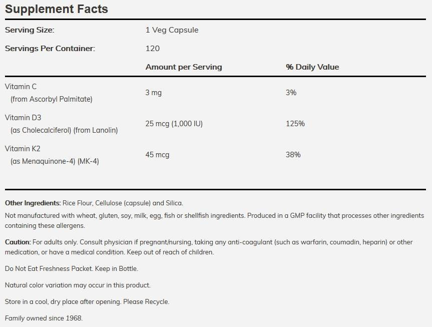 Vitamín D-3 1000 IU + K-2 45 mcg-120 kapsúl