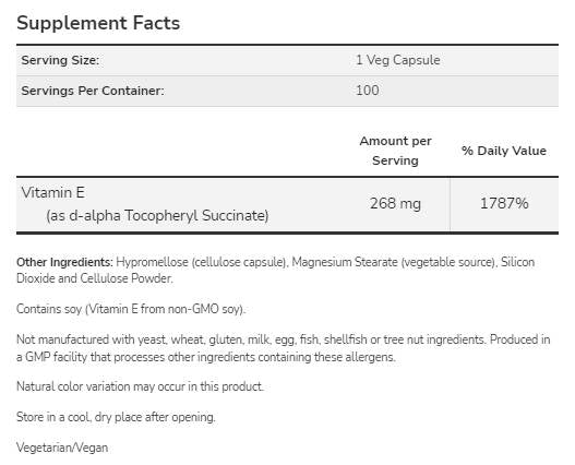 Vitamín E-400 D-Alpha Tocopheryl | Vegetariánske suché - 100 kapsúl