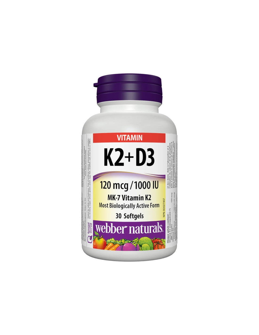 Vitamín K2 + D3 / Vitamín K2 120 µg + D3 1000 IU, 30 mäkkých želatínových kapsúl <tc>Webber Naturals</tc>