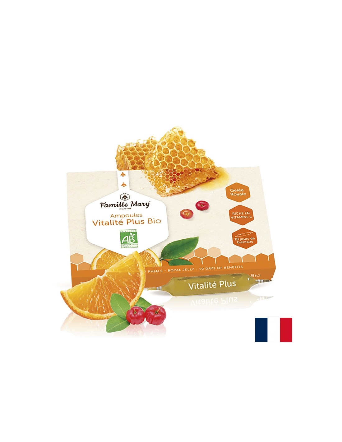Ampoules Vitalité plus bio jus d'Orange acerola / Vitalité plus bio s Royal Jelly, Orange a Acerola, 10 ks. Famille Mary Piting Ampals