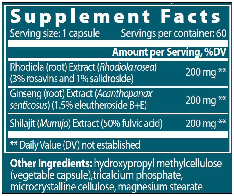 Východný adaptogén Rhodiola + ginseng + shilajit - 60 kapsúl