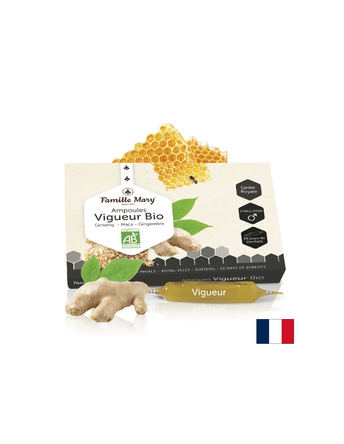 Ampoules Vigueur Bio Ginseng, Maca, Gingembre + Gelée Royale / Formula pre vitalitu a mužskú silu, 10 Ampoules Famille Mary