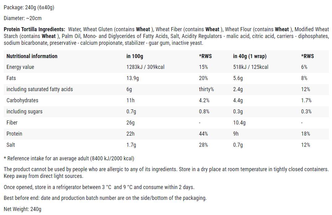 Proteín Tortilla Nízko-sacharidové bielkoviny ~ Keto priateľské zábaly-6 x 40 (240) Gramy