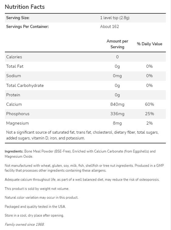 Prášok kosti | Vynikajúci zdroj vápnika - 454 gramov