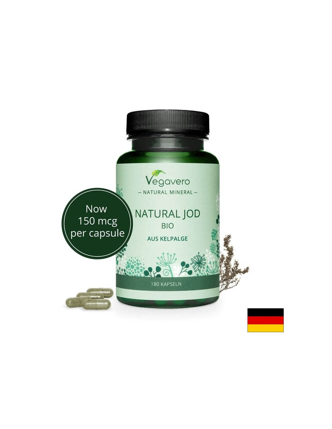 Natural Jod Bio Aus Kelpalge/ Prírodný jód z organických rias, 180 kapsúl, 100% Vegan <tc>Vegavero</tc>