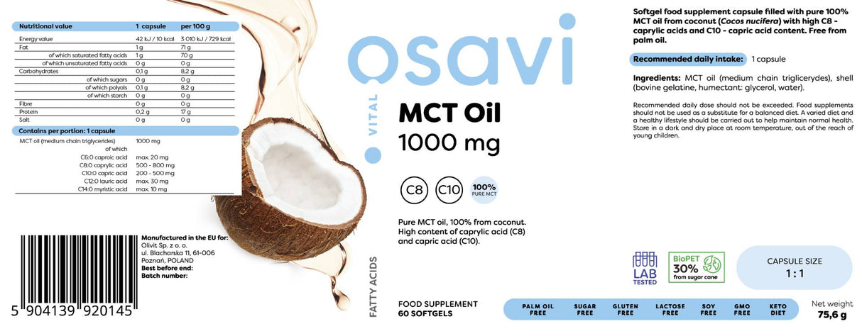 Olej MCT 1000 mg | C8 + C10 - 60 Softgels