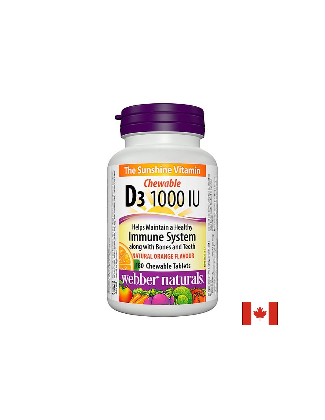 Zdravé kosti a zuby – vitamín D3 1000 IU, 180 žuvacích tabliet <tc>Webber Naturals</tc>
