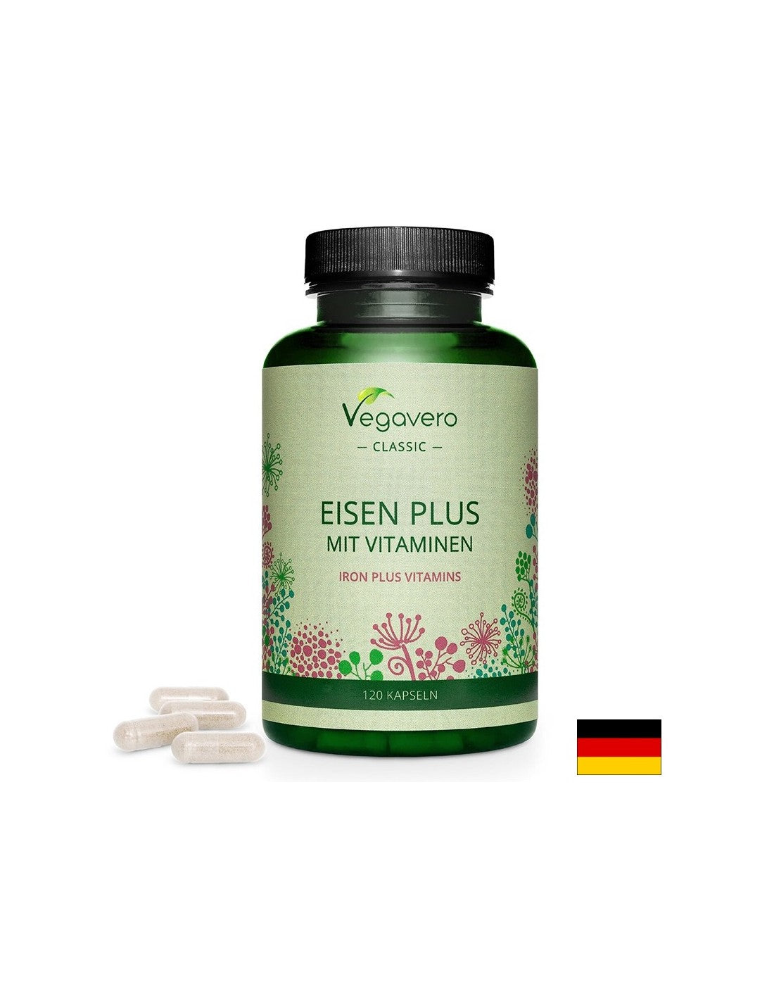 Železo + vitamíny (C, B2, B6, B12 a kyselina listová) - Eisen Plus Mit Vitaminen, 120 kapsúl <tc>Vegavero</tc>