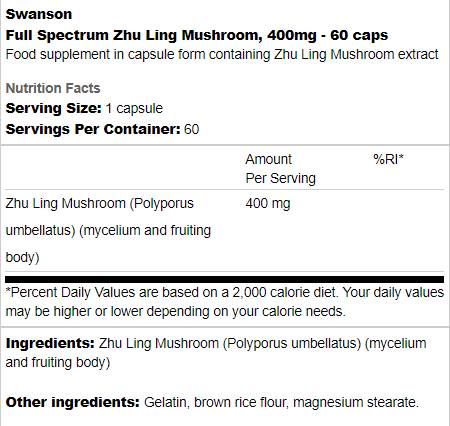 Plné spektrum Zhu Ling Huby 400 mg 60 kapsúl