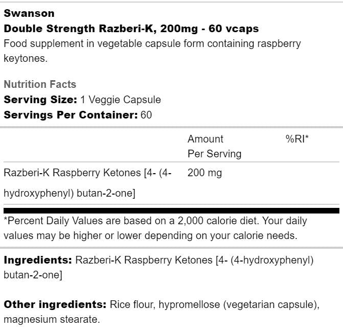 Razberi - K 200 mg | Malinové ketóny s dvojitou pevnosťou - 60 kapsúl