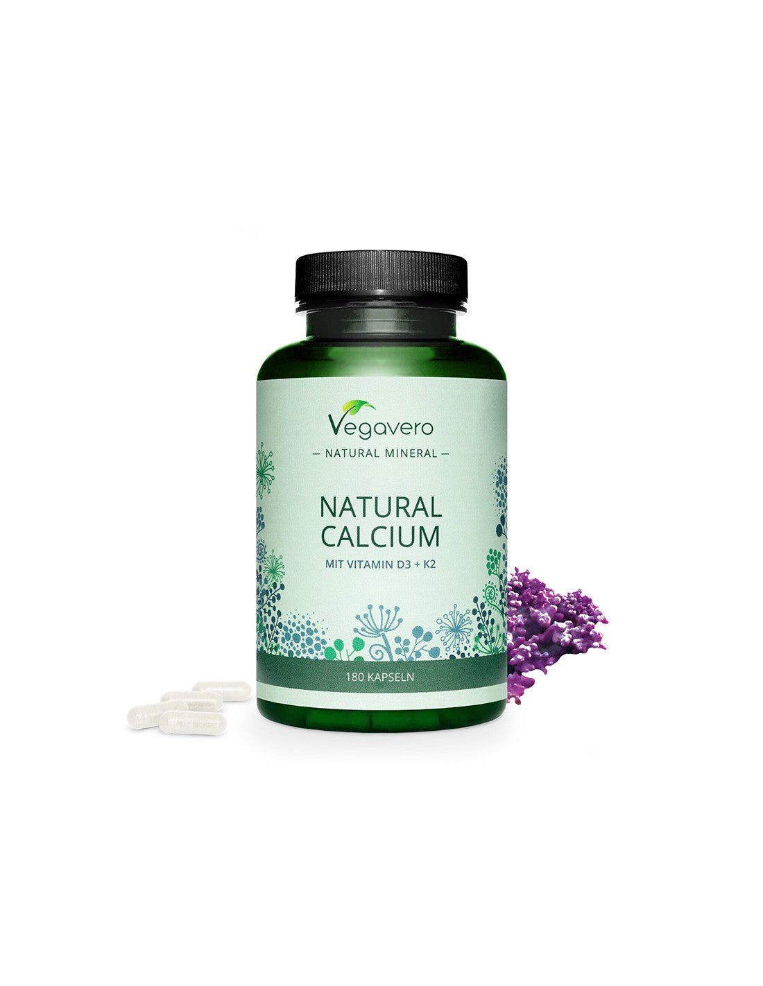 Prírodný vápnik s vitamínom D + K2 - zdravé kosti a zuby, 180 kapsúl <tc>Vegavero</tc>