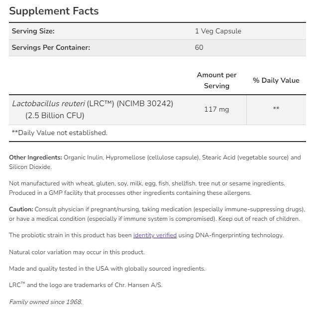 Probiotické zdravie klinického srdca Lactobacillus Reuteri LRC ™ 2,5 miliardy - 60 kapsúl